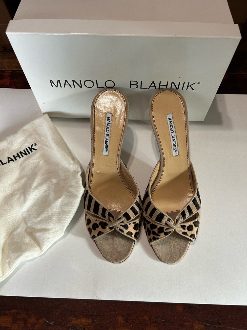 Manolo Blahnik Leopard and Striped Open-Toe Mules in Beige and Black